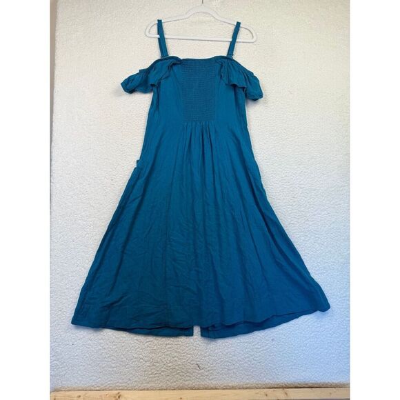 Anthropologie Maeve Buttondown Ruffle Blue Linen Blend Midi Dress Size 12‎ - Picture 2 of 9